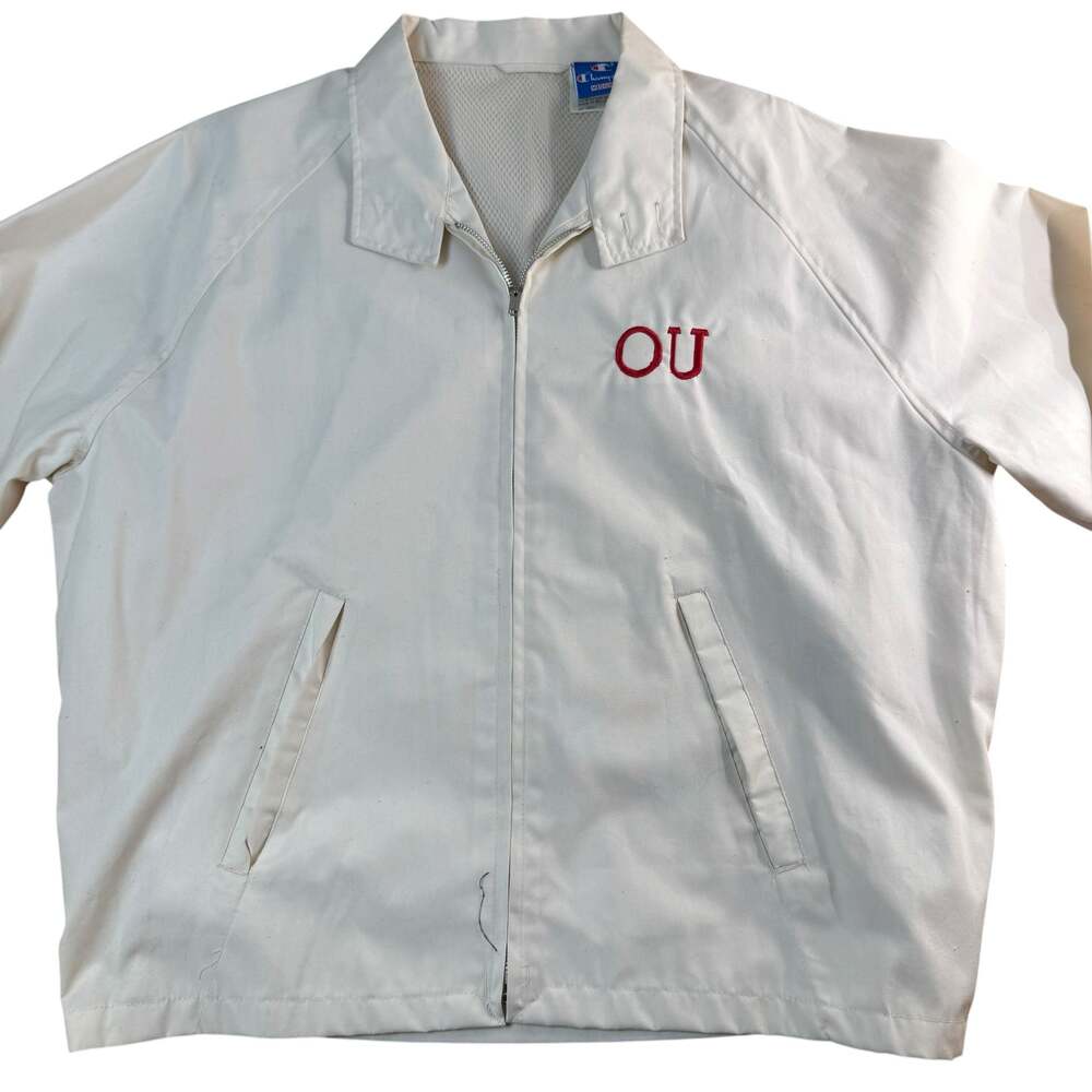 Champion Vintage OU Red Embroidered Logo White Full Zip Coach Jacket Size XL